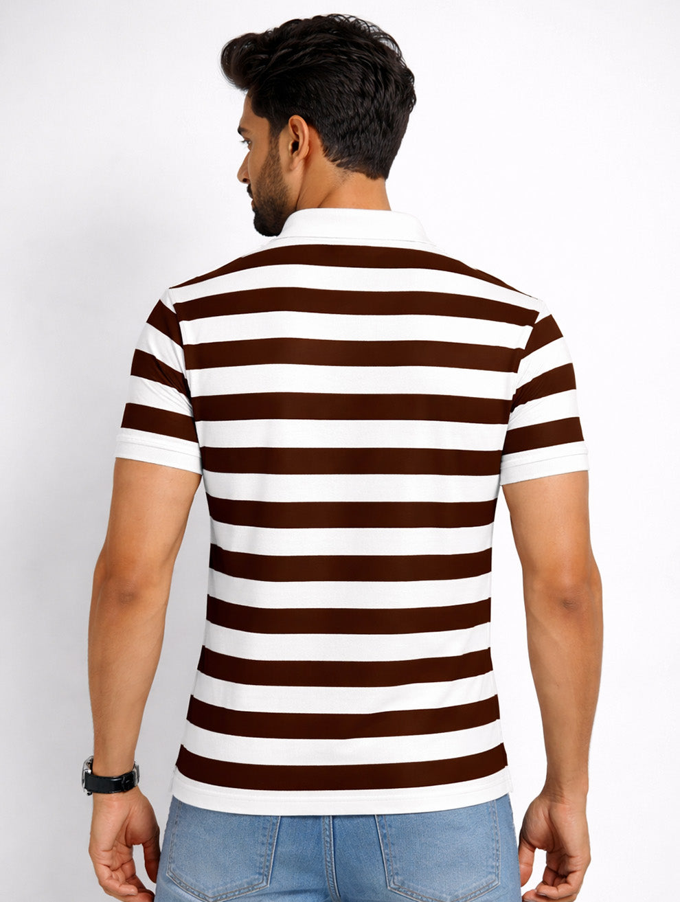 Brown, White Striped Printed Polo