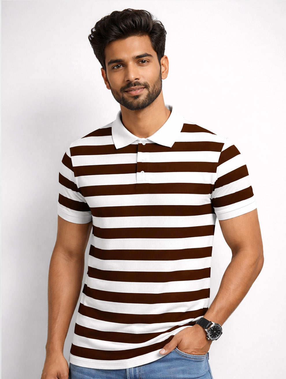 Brown, White Striped Printed Polo