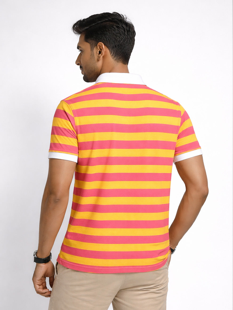 Yellow, Pink Striped Printed Polo