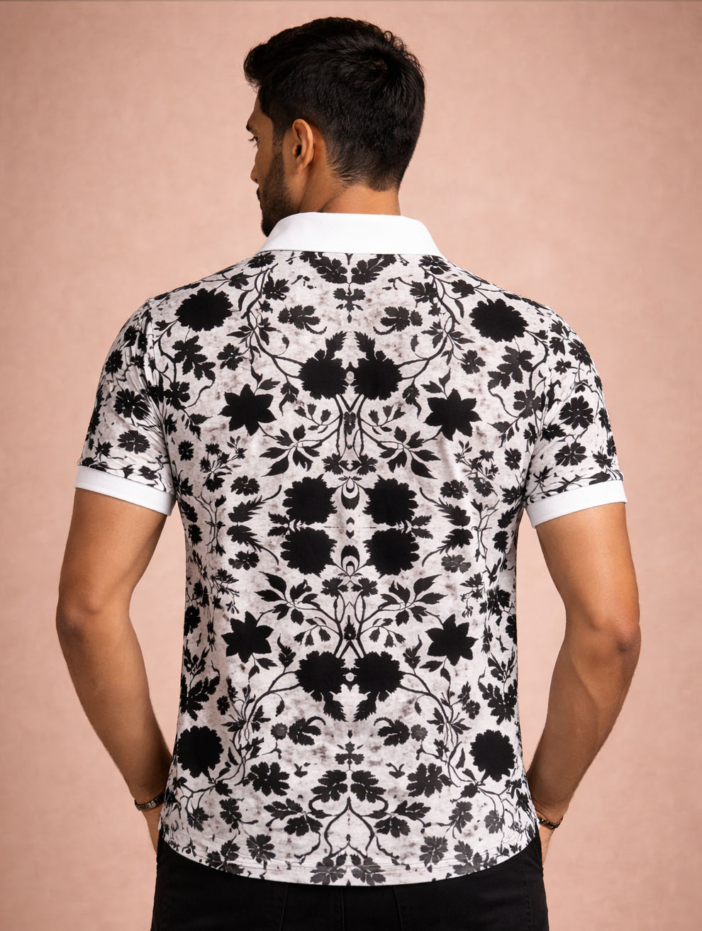 Black Floral Print Polo Tee