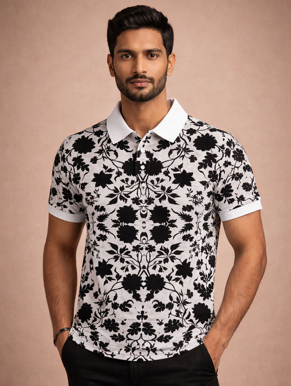Black Floral Print Polo Tee