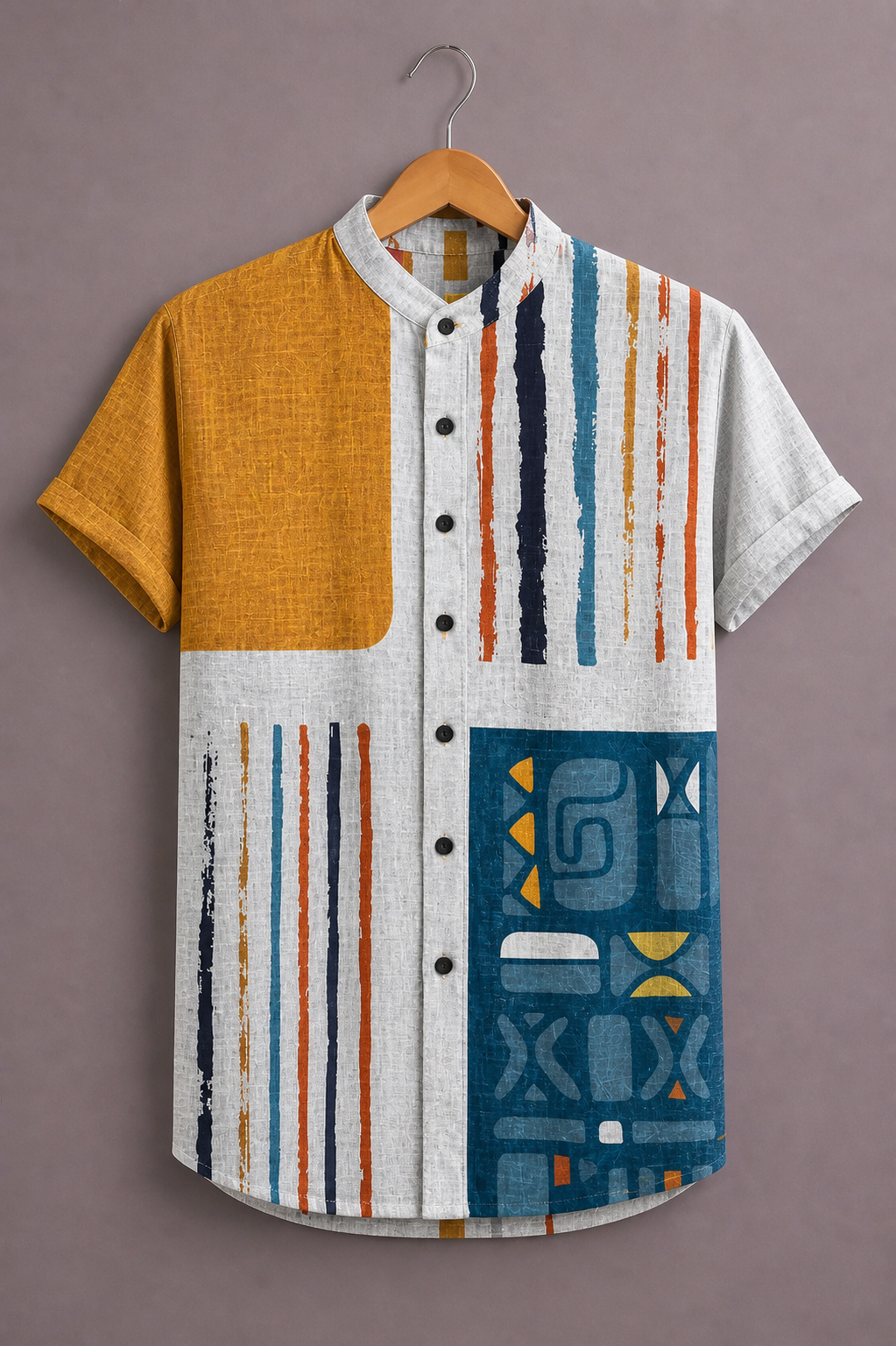 Premium Abstract Patchwork Printed Shirt for Men – Modern Geometric Designer Half Sleeve Casual Shirt