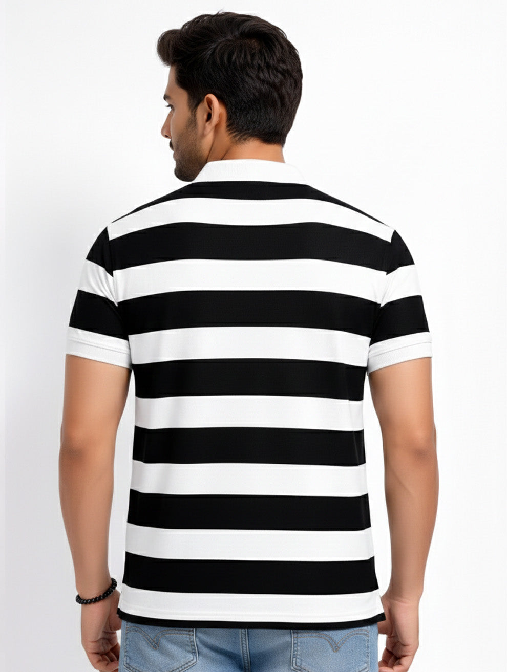 Black, White Striped Printed Polo