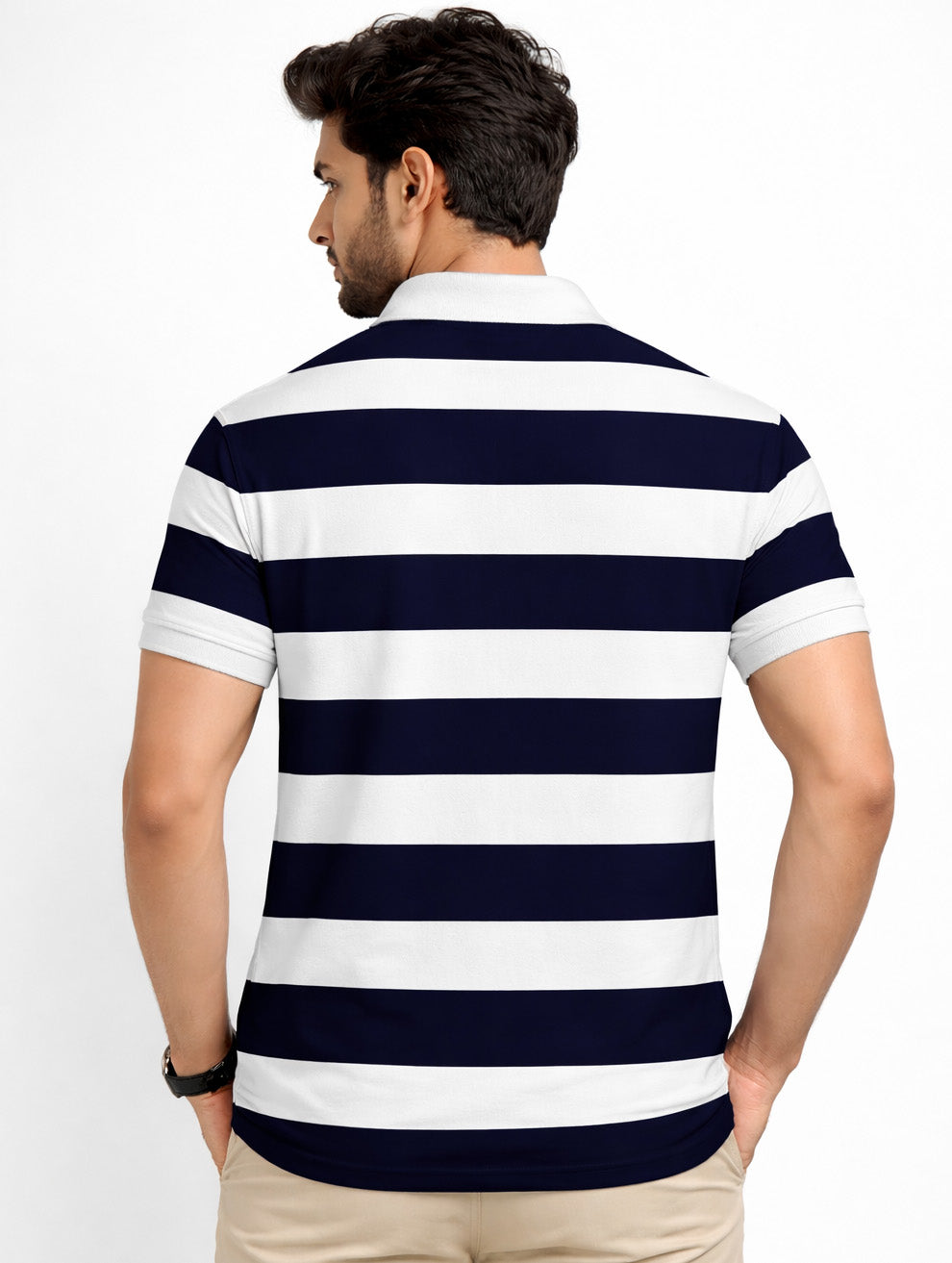 Navy Blue White Striped Printed Polo