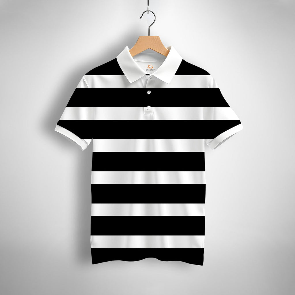 Black, White Striped Printed Polo