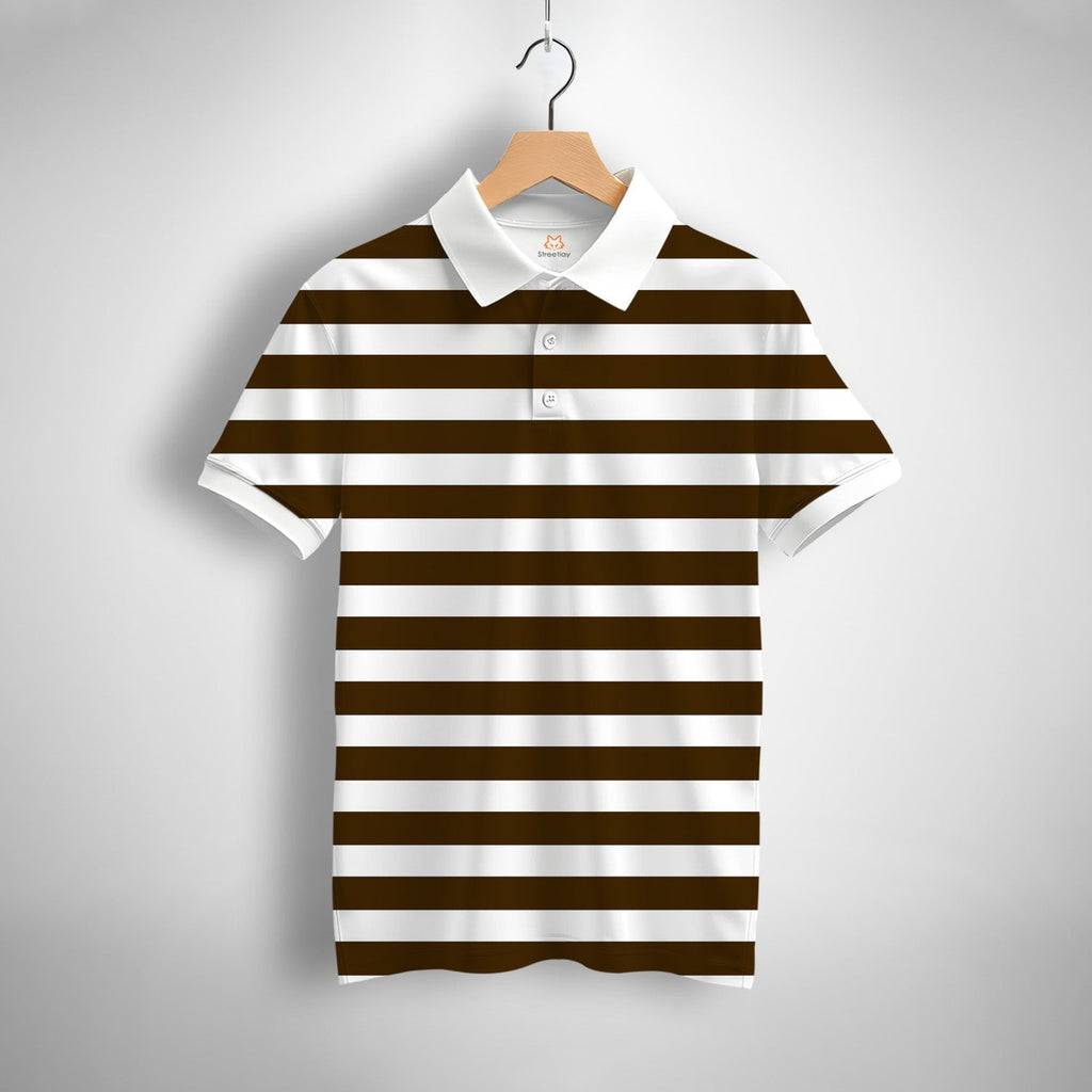 Brown, White Striped Printed Polo
