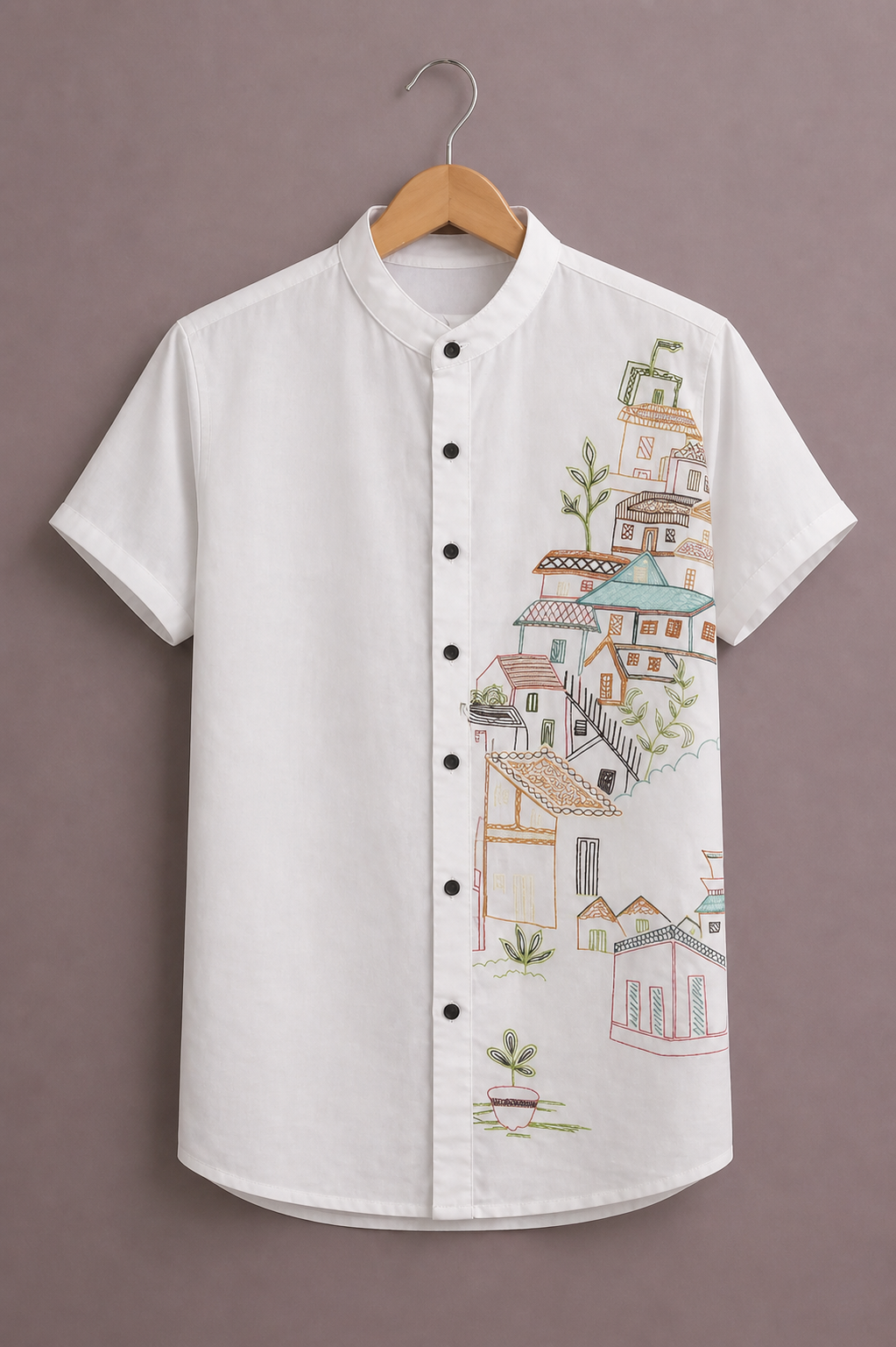 Premium Minimal Printed White Shirt for Men – Artistic Village Design Half Sleeve Casual Shirt