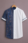 Premium Half & Half Printed Shirt for Men – Elegant Dual Tone Designer Half Sleeve Casual Shirt