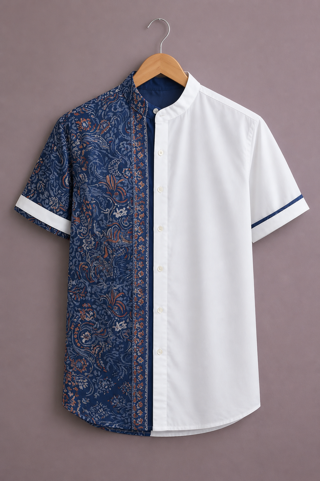Premium Half & Half Printed Shirt for Men – Elegant Dual Tone Designer Half Sleeve Casual Shirt