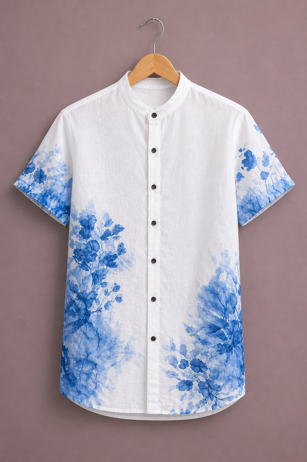 Premium Blue Floral Fade Shirt for Men – Elegant White Designer Half Sleeve Casual Shirt