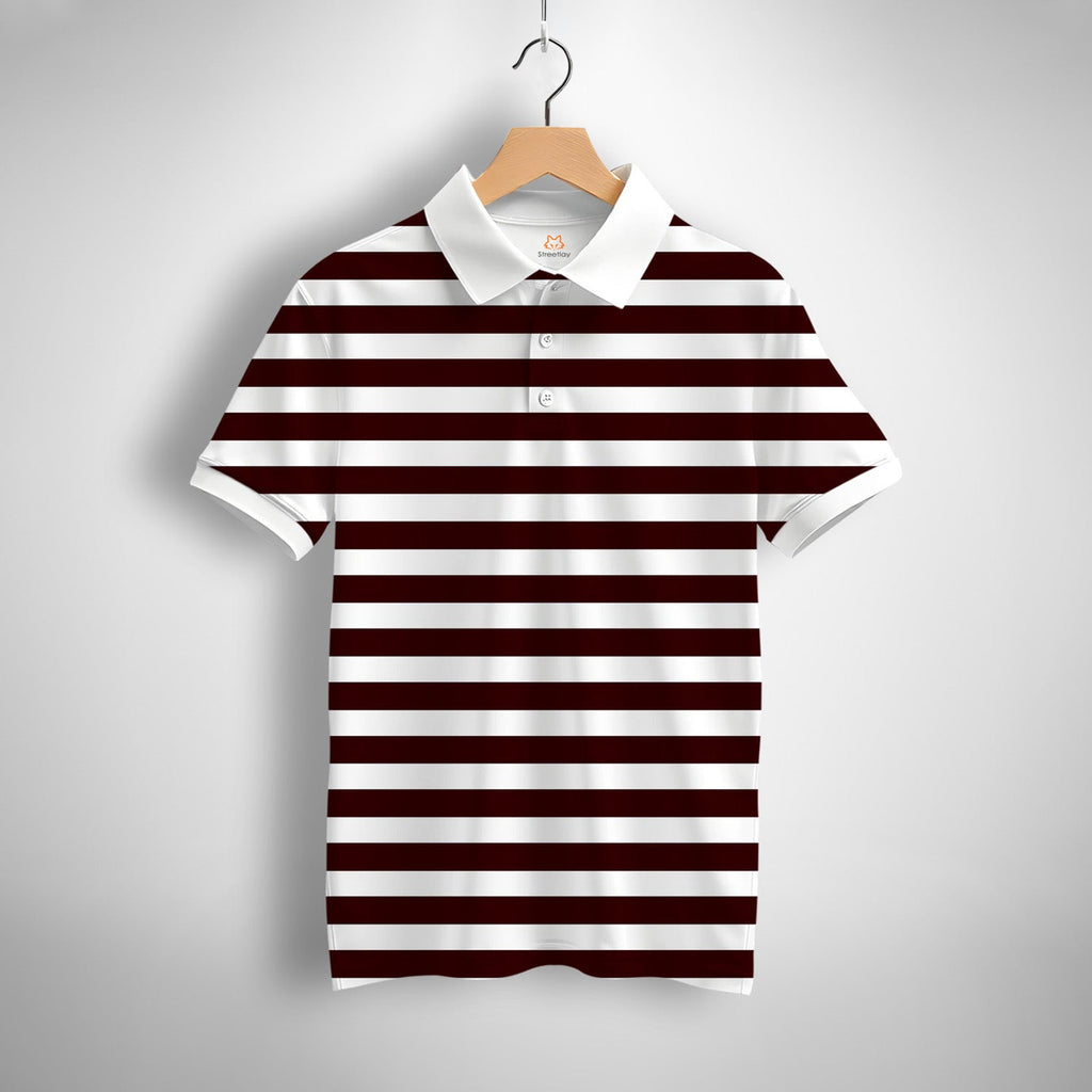 Maroon, White Striped Printed Polo