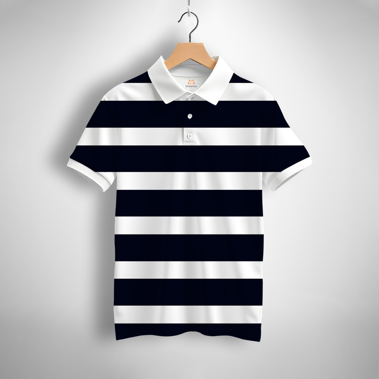 Navy Blue White Striped Printed Polo